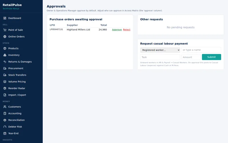 RetailPulse Approvals screen
