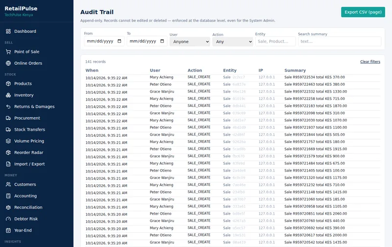 RetailPulse Audit trail screen