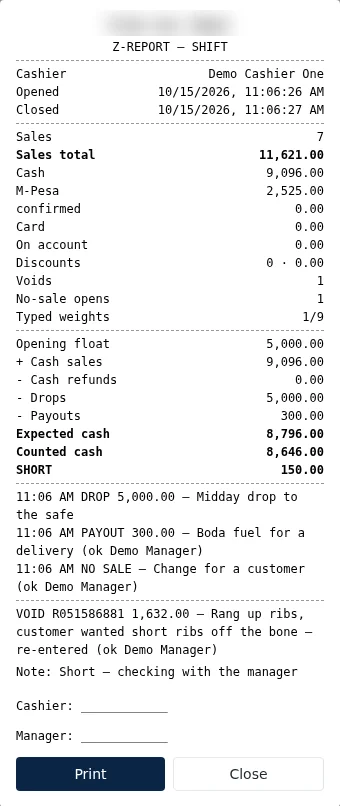 RetailPulse Z-report for one shift showing float, cash sales, drops, payouts, expected and counted cash and the shortfall