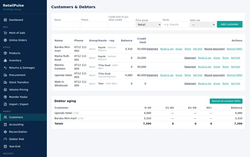 RetailPulse Customers and debtors screen