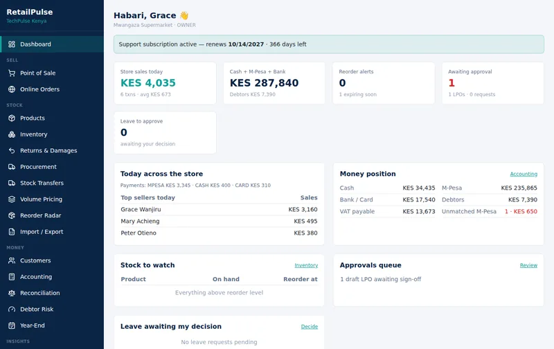 RetailPulse owner dashboard showing store sales, money position and approvals