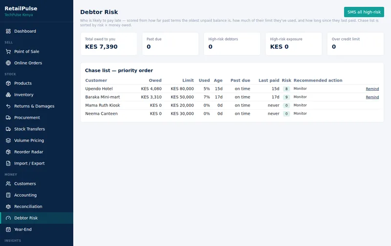 RetailPulse Debtor Risk screen