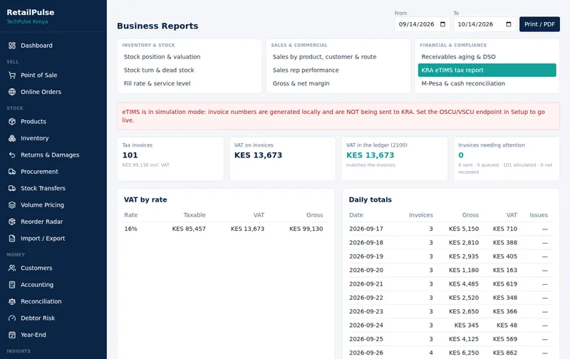 RetailPulse KRA eTIMS tax report with tax invoices, VAT by rate and daily totals