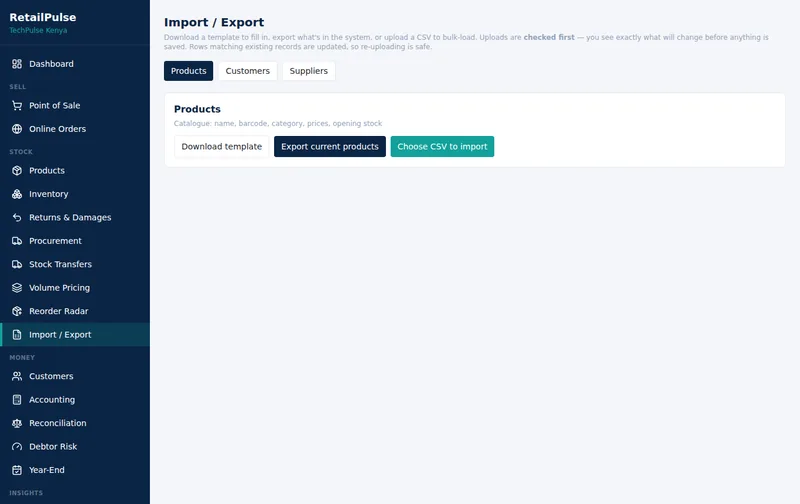 RetailPulse Import and export screen