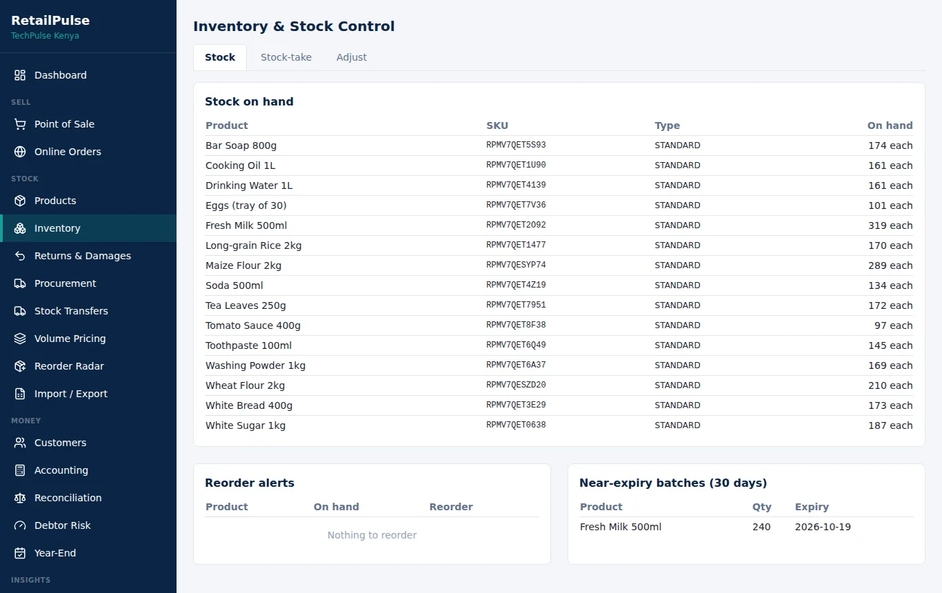RetailPulse inventory screen with stock on hand, reorder alerts and near-expiry batches