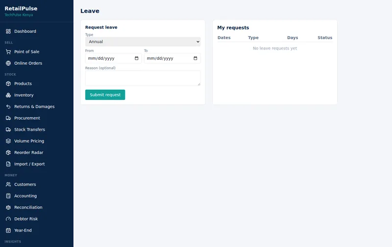 RetailPulse Leave screen