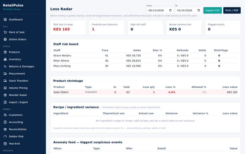 RetailPulse Loss Radar screen