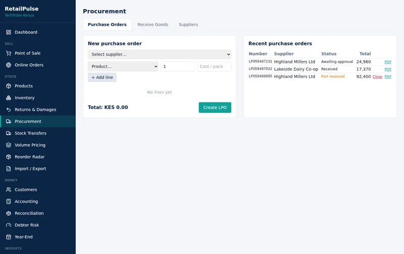 RetailPulse Purchase orders (LPO) screen