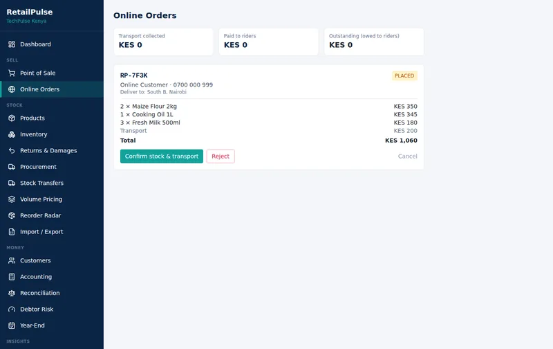 RetailPulse Online orders screen