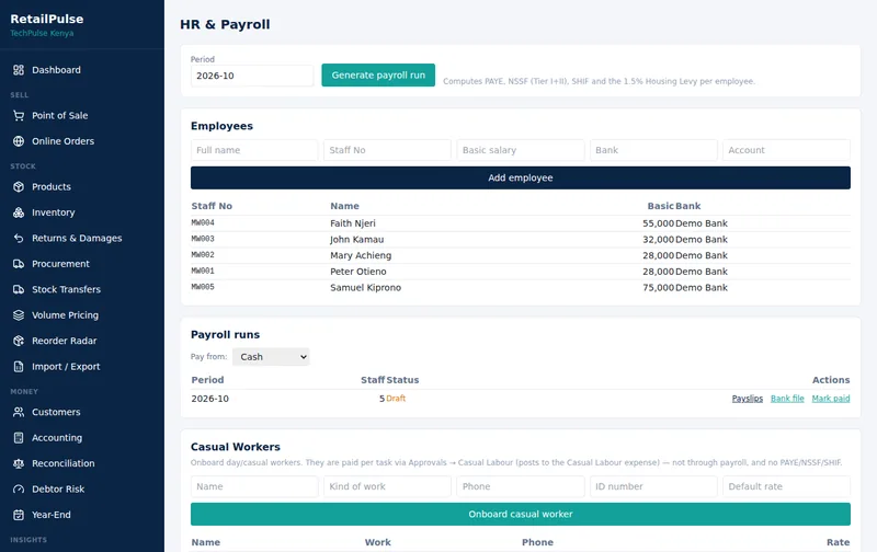 RetailPulse HR and payroll screen