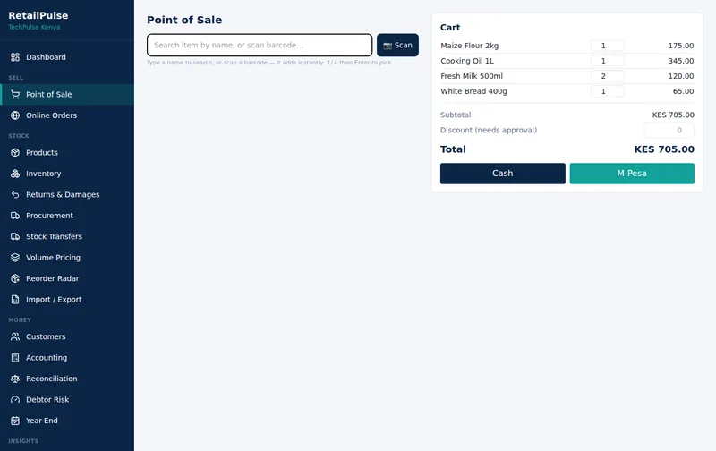 RetailPulse point of sale screen with a cart total and Cash and M-PESA buttons