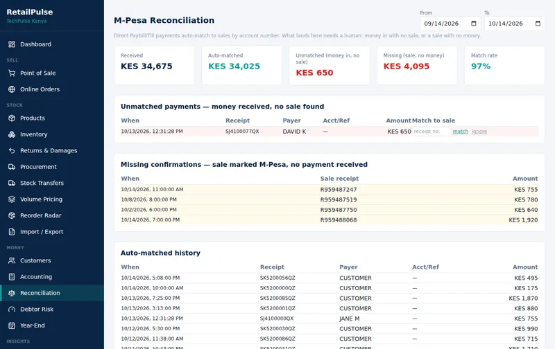 RetailPulse M-PESA reconciliation screen