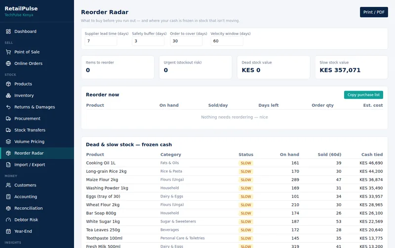 RetailPulse Reorder Radar screen