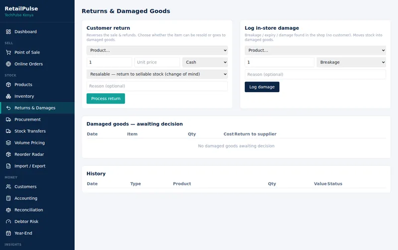RetailPulse Returns and damaged goods screen