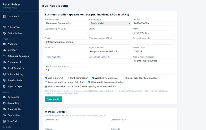 RetailPulse Business setup screen