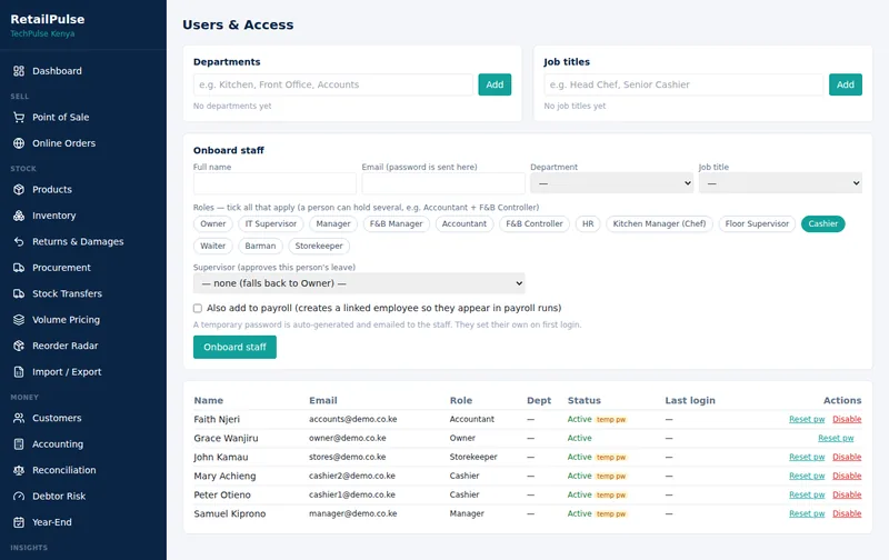 RetailPulse Users and access screen