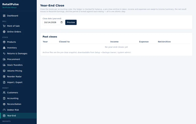 RetailPulse Year-end close screen