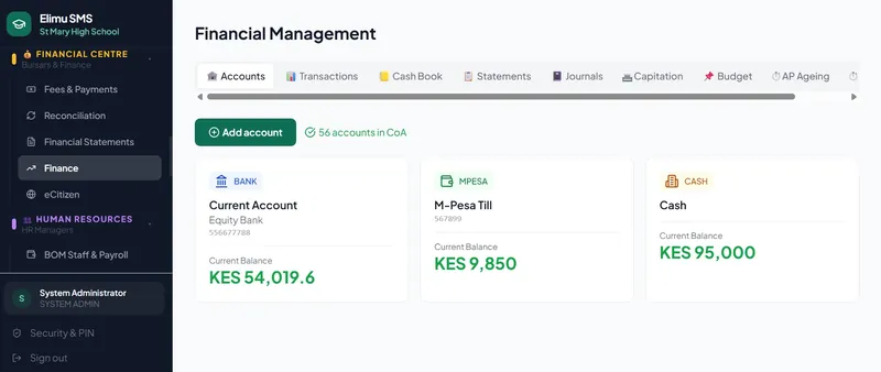 Elimu SMS Finance management screen