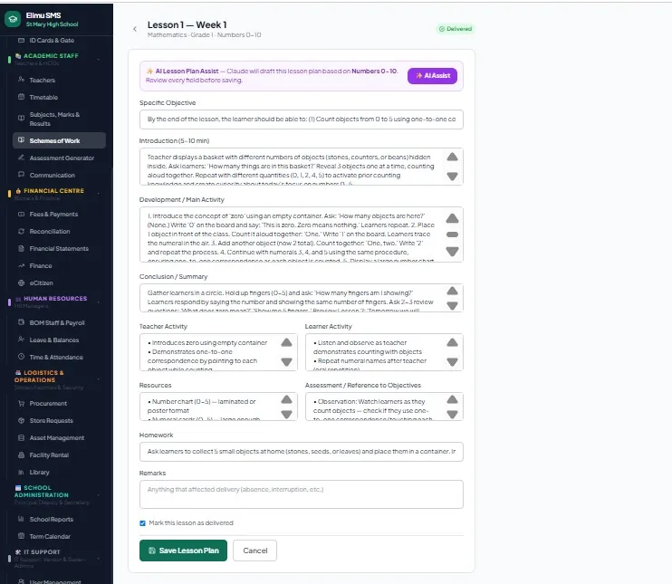 Elimu SMS Lesson plans with AI assistant screen
