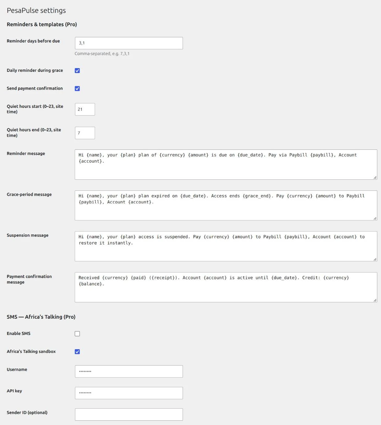 PesaPulse Pro reminder settings with reminder days, quiet hours and SMS message templates; API keys masked