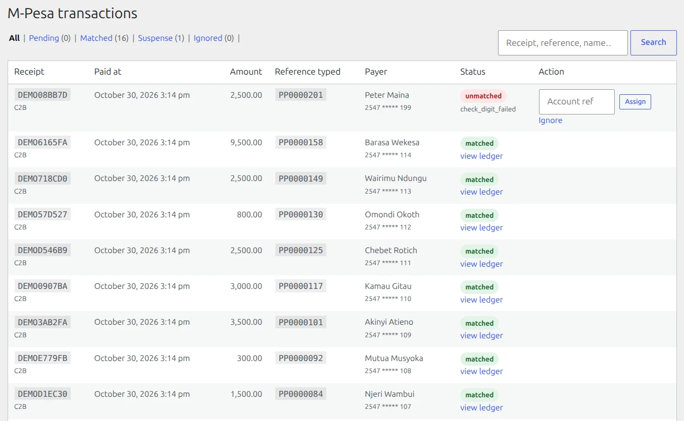 PesaPulse M-Pesa transactions list: Paybill payments matched to account numbers, and one payment with a mistyped account number held in suspense with an Assign box