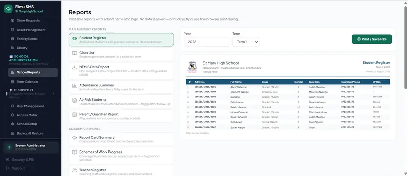 Elimu SMS student register report showing admission number, full name, class, gender, guardian, guardian phone and UPI number